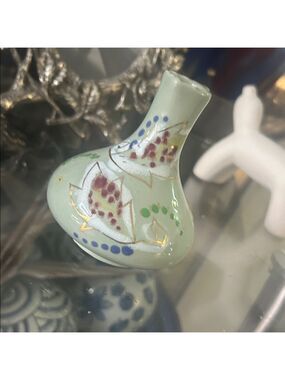 Artisan Floral Ceramic Vase in Green and Gold
